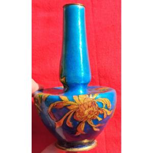 Paul Bonnaud Limoges Art Nouveau Enamel Vase, Circa 1900, Blue With Chrysanthemum Flowers, Japanese Enamel, Japan