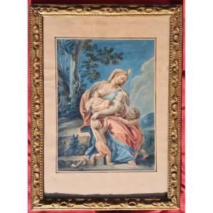 Watercolor, 18th Century, Louis XV, Louis XVI, Religious Virgin And Child, Framed By Bernini And Raphael, Christ