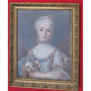 Portrait Of A Young Girl, Louis XV Style, Pastel, 18th Century, Noblewoman, Nobility, Dog, Marquise, On Vellum, Roses 