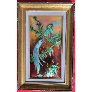 Large Limoges Enamel Camille Faure Exotic Bird Parrot Flowers Silver Plaque Limousin 