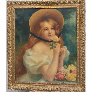 Art Nouveau Portrait Painting Of An Elegant Blonde/redheaded Young Girl With Roses And Flowers,