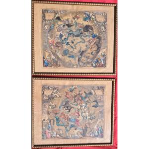 Pair Of Cards 17th Century Engravings Watercolor Hondius Zodiac Astronomy Baroque Planet Mythology