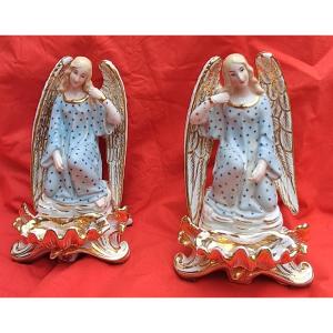 Pair Of Jacob Petit Holy-water Fonts Porcelain Angel 19th Century Gilded Gold Religion Charles X 19th Century