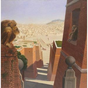 Large Oil On Canvas In "trompe l'Oeil" Of The Painter Fabio Rieti XXth The Monkeys