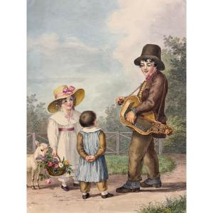 19th Century Watercolor Lithograph "children And Young Musician"