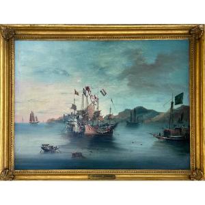 Oil On Canvas, 1800 Boats Sailing In Macao Bay