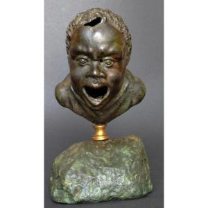 Renaissance Bronze Oil Lamp After A Roman Nubian Head