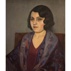 Oil, Portrait Of A Woman In A Blue Shawl Art Deco Signed Rey Ou Roy