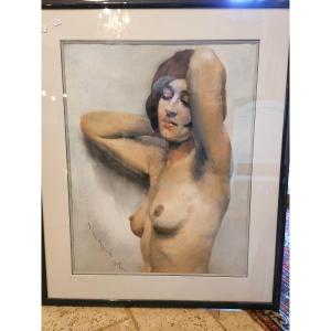 Pastel Nude Woman In A Beret By Grand Carteret