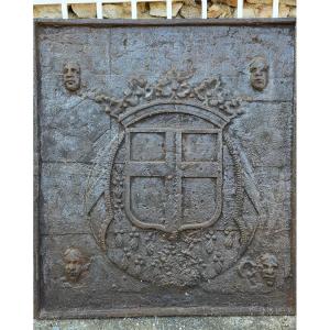 Curious 18th Or 17th Century Fireback With Coat Of Arms And Faces