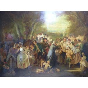 Large Painting Of An Animated Scene From The 19th Century 