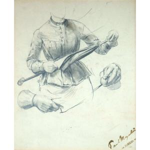 Paul Meyerheim (1842-1915), Sketch Of A Female Torso With Hands And An Umbrella