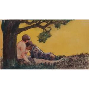 Emil Orlik (1870-1932), Love Scene Under A Tree, 1912