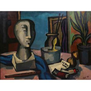Ev Grüger (1928-2017), Still Life With Sculpture, Flute And Painting Utensils, 1956