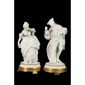 Pair Of Figures "the Masquerade Ball". Biscuit Porcelain, Paris, Gille Jeune Factory