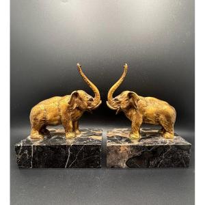 Pair Of "elephant" Bookends In Gilt Bronze And Marble, Early 20th Century