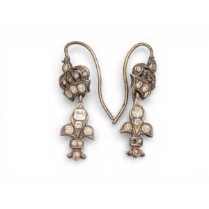 Pair Of 800 Silver And Rhinestone Earrings, Decorated With Crowned Lilies.