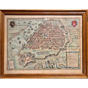 Map Of Antwerp, Hand-colored Engraving, 17th Century