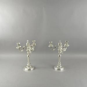 Pair Of Louis XVI Style Silver Metal Candlesticks