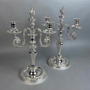 Pair Of Silver-plated Bronze Candlesticks, 19th Century.