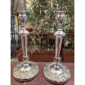 Pair Of Silver-plated Bronze Candlesticks 