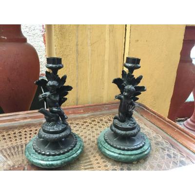 Pair Of Candlesticks Patinated Bronze Cherub