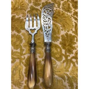 Fish Service Brown Horn And Sterling Silver Minerva 1st Title