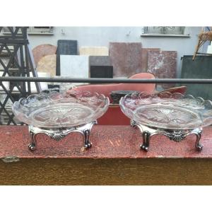 Pair Of Crystal Candy Display Stands And Foot In Sterling Silver Signed Boin Taburet