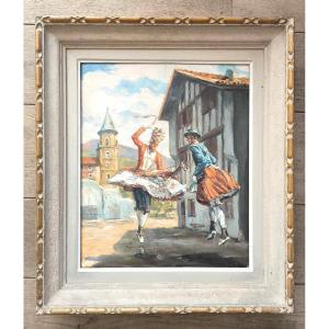 Jiva (1907-1974) "basque Dancers - The Glass Dance" Oil On Canvas, Signed And Titled On The Back, 46x38 Cm