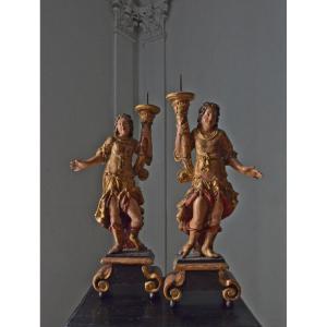 Pair Of Baroque Angels In Gilded Wood 