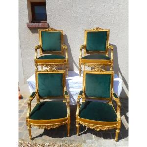 Suite Of Four Carved Armchairs In Golden Wood Nineteenth Time