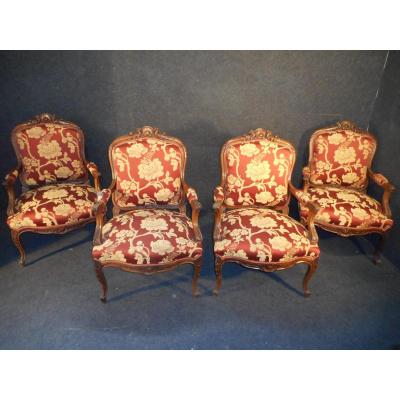 Set Of 4 Chairs Louis XV In Walnut XIX Entirely Retyped Time At Old