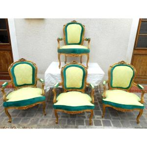 Suite Four Armchairs In Golden Wood Nineteenth Time