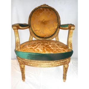 Suite Of Four Large Armchairs From The Early 19th Century In Golden Wood