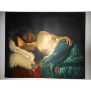 Large Painting Lying Nude Woman 19th Century Signed Deutsch