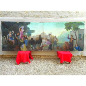Large Painting Panels Genre Scene Late 19th Century