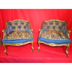 Pair Of Children's Bergeres Stamped Jeanselme In Gilded Wood, 19th Century