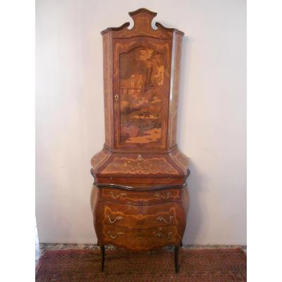 Two Corps Marquetry Curved XIXth Scenes Of Village