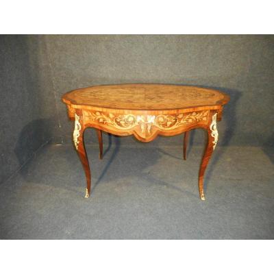 Table Guéridon Centrale En Marqueterie Et Bronze Doré époque XIXe 