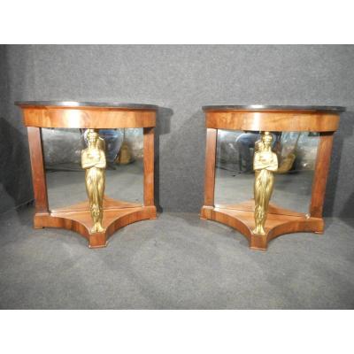Pair Of Console Premier Empire Mahogany And Caryatids Gilt Bronze Attibué Jacob