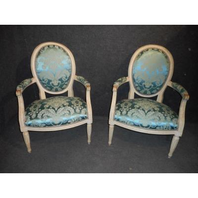 Pair Of Armchair In Lacquered Wood Louis XVI