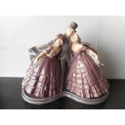 Ceramic Era Art Deco Man And Elegant Signed Fanny Rozet 1881-1921