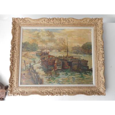 Large Table View Of Paris Signed Pierre Jean Poitevin (1889-1923) Quai De La Rapée