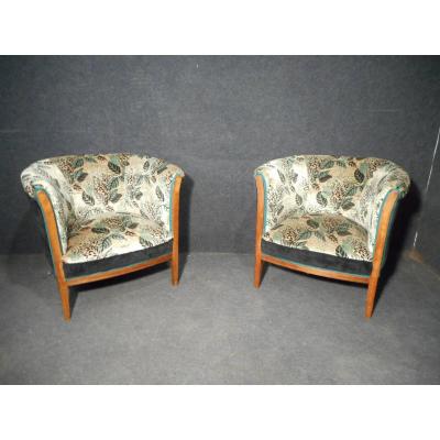Pair Of Armchairs Tonneau In Marquetry Art Deco Era
