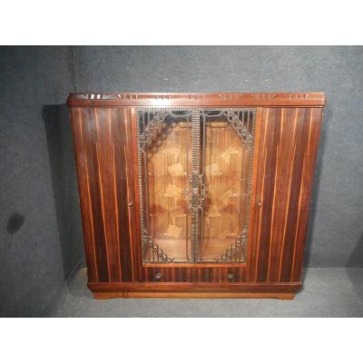 Art Nouveau Library In Macassar Ebony And Wrought Iron Stamped Majorelle