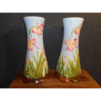 Large Pair Of Art Nouveau Lamps In Barbotine