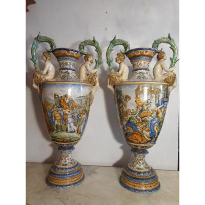 Great Pair Of Vases Majolica Urbino Nineteenth Time