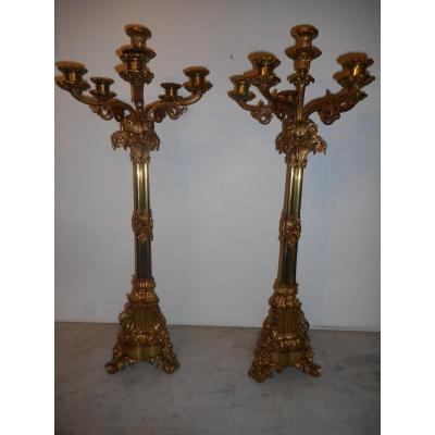 Large Pair Of Candelabra Nineteenth Time In Gilt Bronze