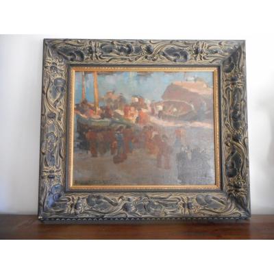 Table Oil On Canvas Port Breton Scene By Didier Tourné Dated 1911