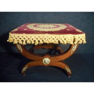 Empire Period Curule Stool In Mahogany And Gilt Bronze